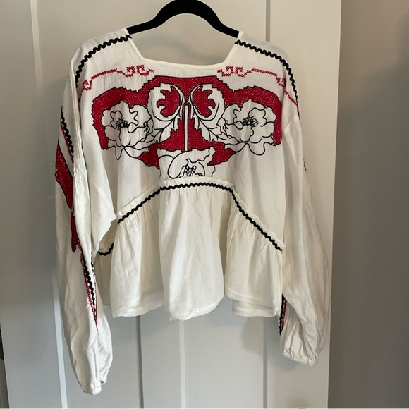 Free People White Boho Blouse with Red Embroidery - Picture 5 of 7